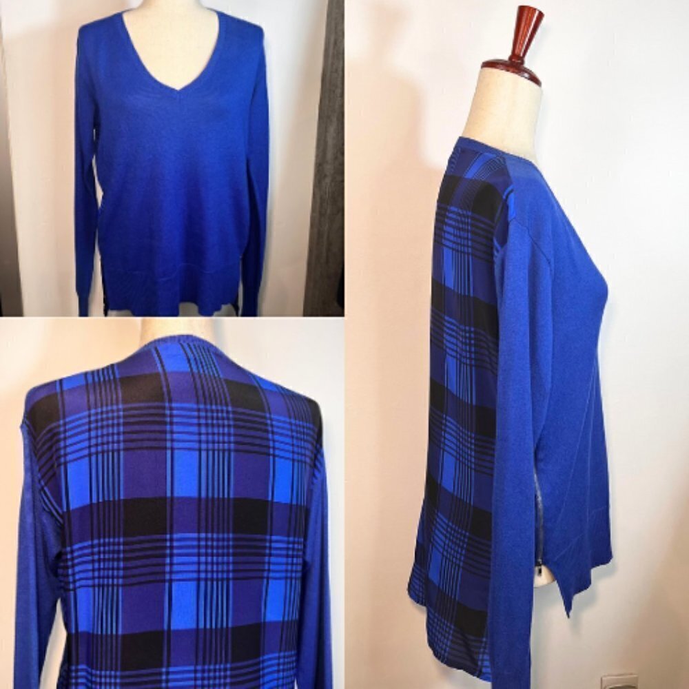 CENTRAL PARK WEST Cobalt Mixed Material Silk Back Cotton Front Sweater Size S
